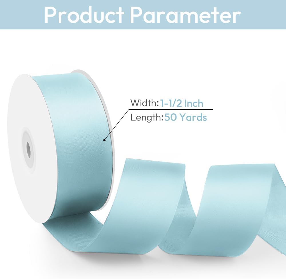 1-1/2" Width x 50 Yards Satin Fabric Ribbon, Light Blue Ribbon Perfect for DIY Bows, Swags, Gift Wrapping, Craft, Flower Bouquet，Christmas and Party Decoration