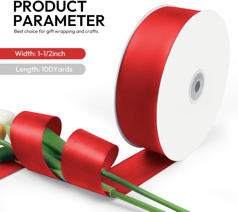 1-1/2 Inch 100 Yards Satin Ribbon Red, Solid Color Fabric Ribbon for Gift Wrapping, Wedding, Polyester Gift Ribbon for Birthday Party Decoration, Craft, Hair, Floral, Sewing