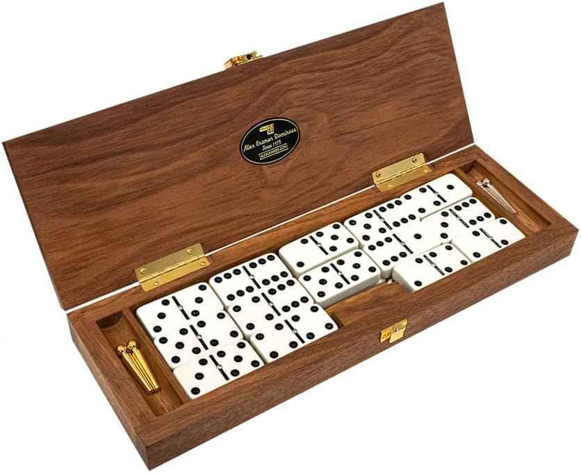 Alex Cramer Le Club Luxury Domino Set with USA-Made Handcrafted Walnut Case and Cribbage Top - 28 Tournament Quality Indestructible Spinner Dominoes. Gold & Nickel pegs