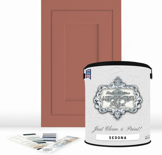 ALL-IN-ONE Paint, Durable cabinet and furniture paint. Built in primer and top coat, no sanding needed. Includes our 30 featured color card - Sedona (warm coral), Gallon