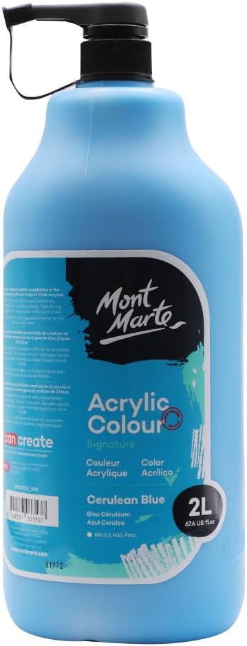Mont Marte Discovery School Acrylic, Cerulean Blue, 1/2 Gallon (2 Liter). Ideal for Students and Artists. Excellent Coverage and Fast Drying. Pump Lid Included.