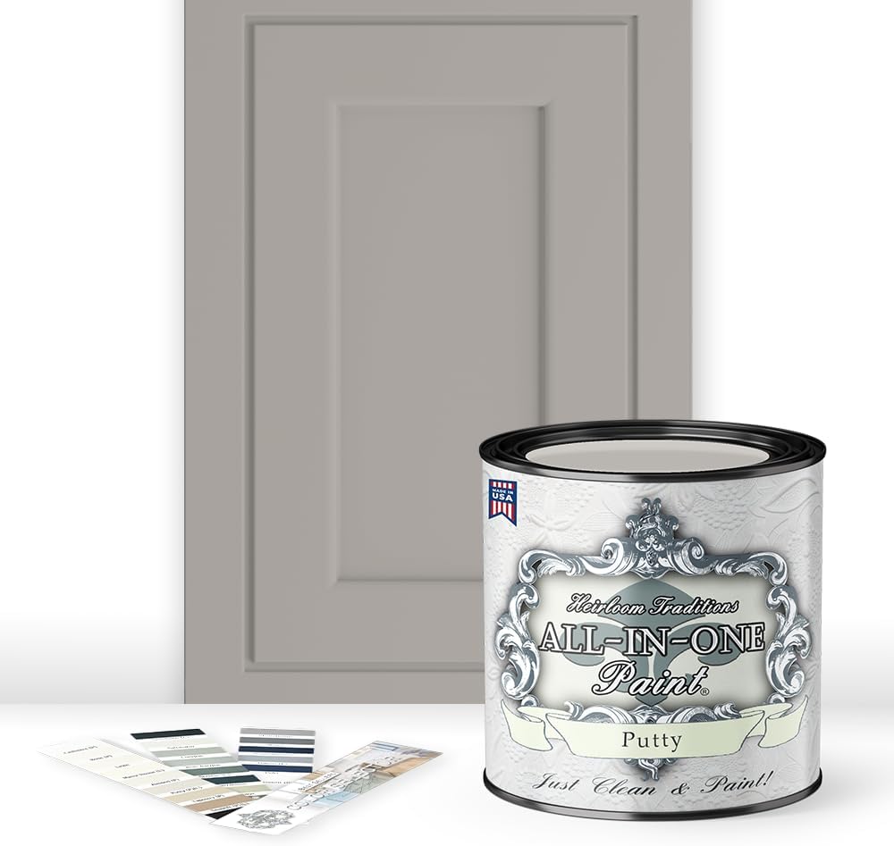 ALL-IN-ONE Paint, Durable cabinet and furniture paint. Built in primer and top coat, no sanding needed. Includes our 30 featured color card - Putty (light taupe), Quart