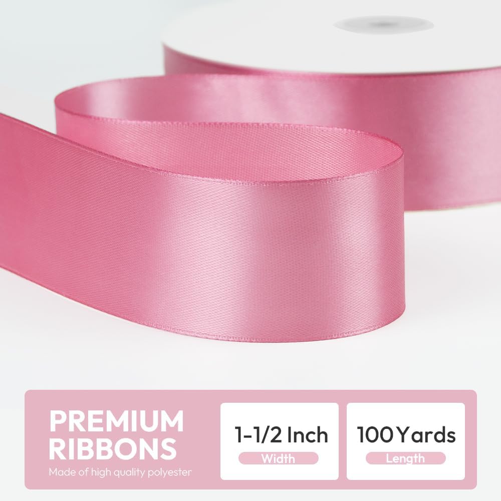 1-1/2" x 100 Yards Satin Ribbon - Wide Silk Rose Gold Ribbon with Spool - Ideal for Gift Wrapping, Floral Bouquets, Crafts, Wedding Party Decorations, Christmas and Sewing Projects
