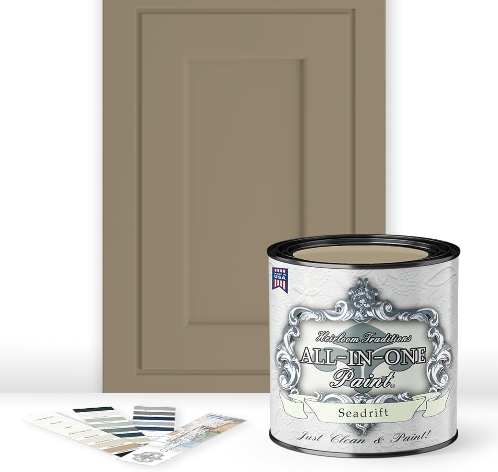 ALL-IN-ONE Paint, Durable cabinet and furniture paint. Built in primer and top coat, no sanding needed. Includes our 30 featured color card - Seadrift (warm, earthy tan), Quart