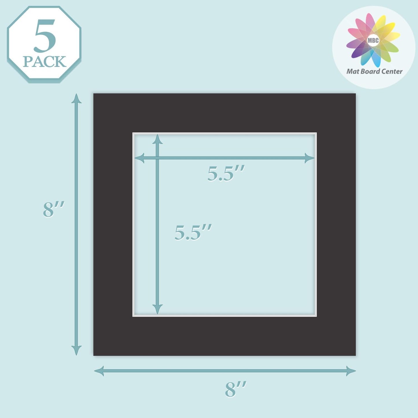 MBC Mat Board Center, 5 Pack 8x8 for 6x6 Black Picture Mats Frame Mattes, Bevel Cut, Acid Free, 4-ply Thickness