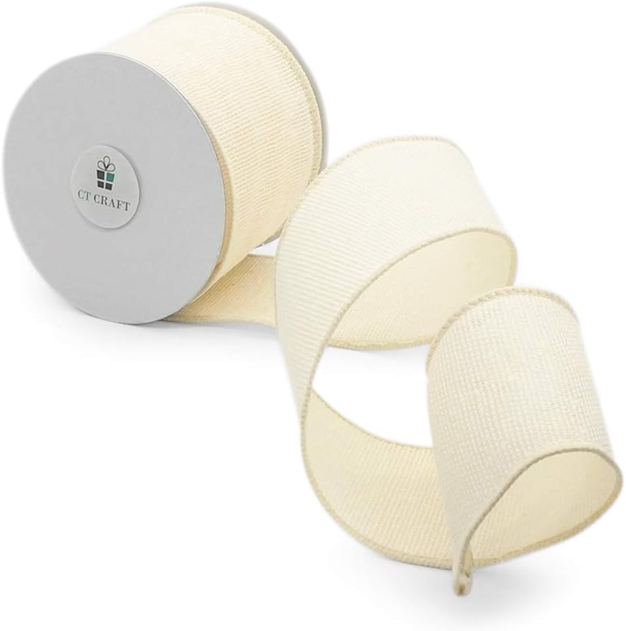 CT CRAFT LLC Ivory Canvas Wired Ribbon 2.5 Inch x 10 Yards for Christmas Home Decor Tree Topper Bow Gift Wrapping DIY Crafts Wreath Garland Easter Holiday