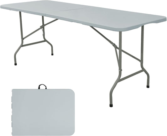Folding Table 5FT Camping Table Portable Heavy Duty Plastic Rectangular Outdoor Dining Table Steel Legs Fold-in-Half with Carrying Handle for Indoor,Picnic,Party,Wedding,Events(Grey)