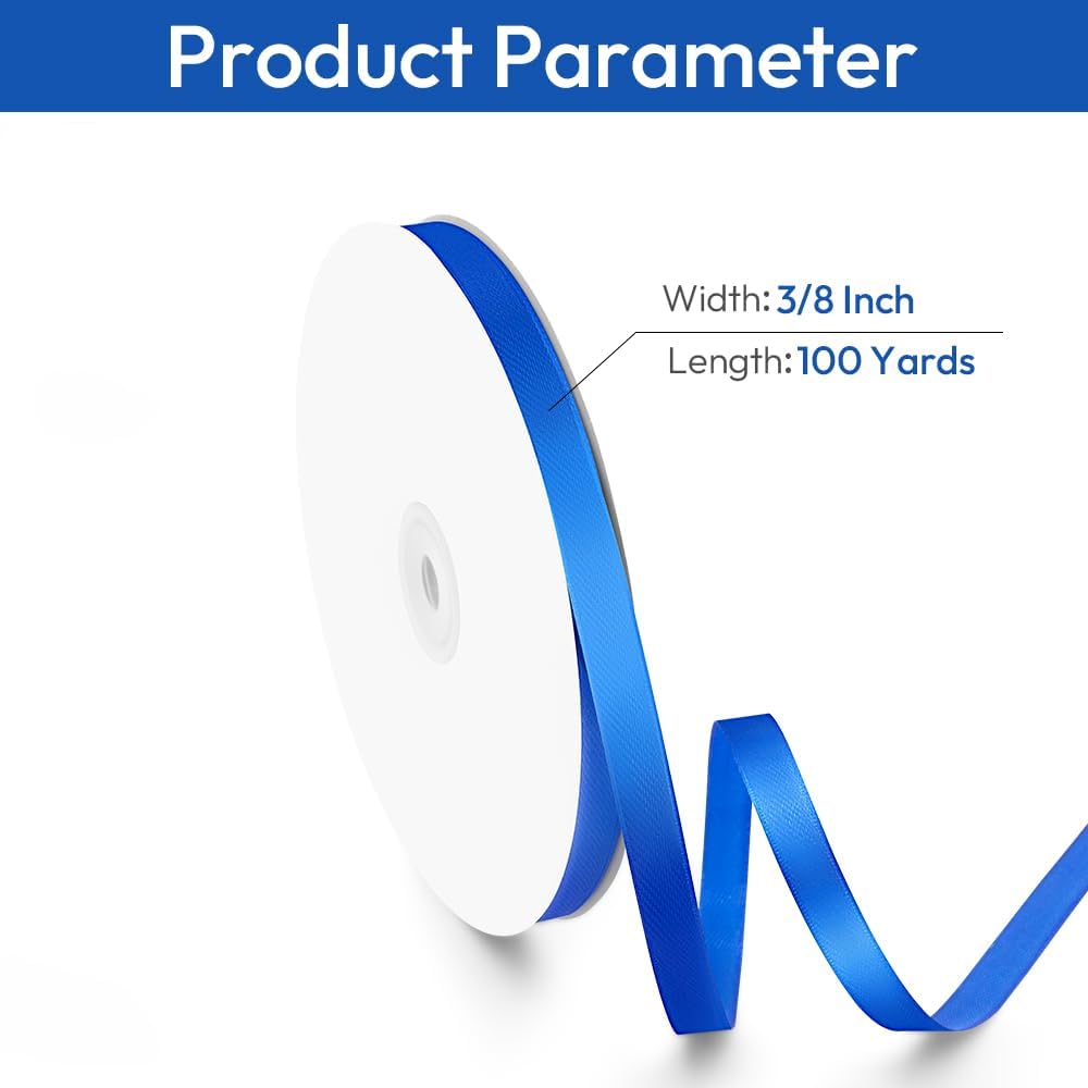 3/8" Width x 100 Yards Satin Ribbon, Small Royal Blue Ribbon Perfect for DIY Craft, Bows, Gift Wrapping, Flower Bouquet, Valentine's Day, Christmas and Party Decoration