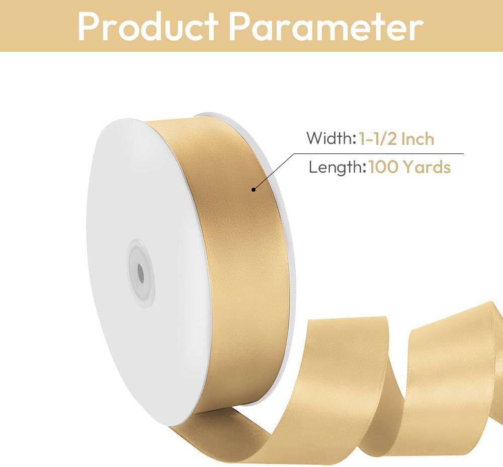 1-1/2" Width x 100 Yards Satin Ribbon, Light Gold Ribbon Perfect for DIY Craft, Bows, Gift Wrapping, Flower Bouquet, Valentine's Day, Christmas and Party Decoration