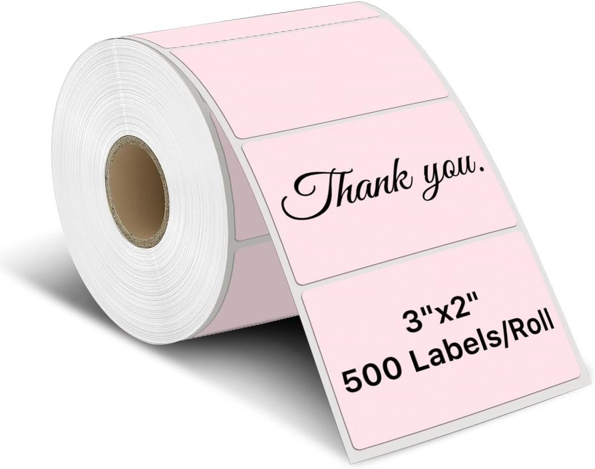iEager 3" x 2" Thermal Labels, Rectangle Thermal Printer Stickers, Self-Adhesive Durable Sticker with Perforation Line, 500 Labels/Roll, Pink