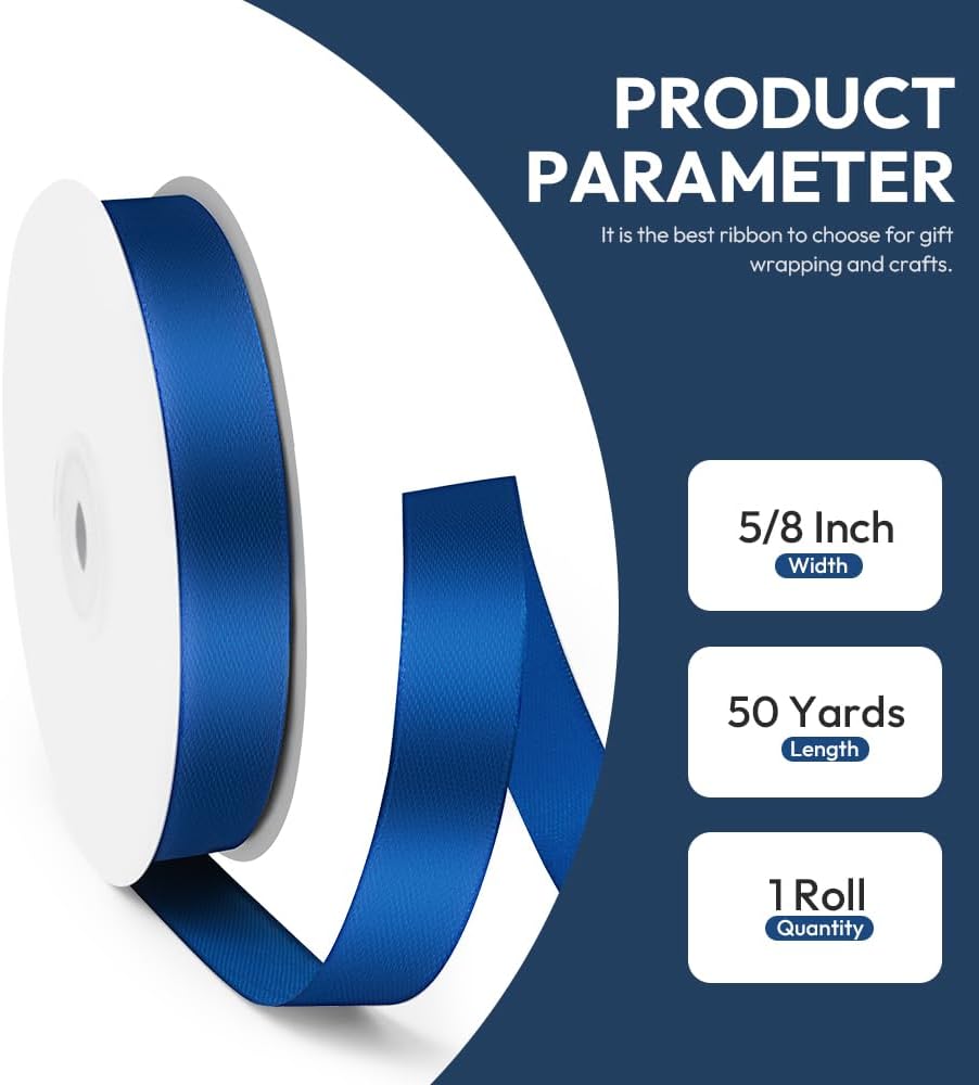 5/8" x 50 Yards Satin Ribbon - Navy Blue Silk Ribbon with Spool - Ideal for Gift Wrapping, Floral Bouquets, Crafts, Wedding Party Decorations, Christmas and Sewing Projects