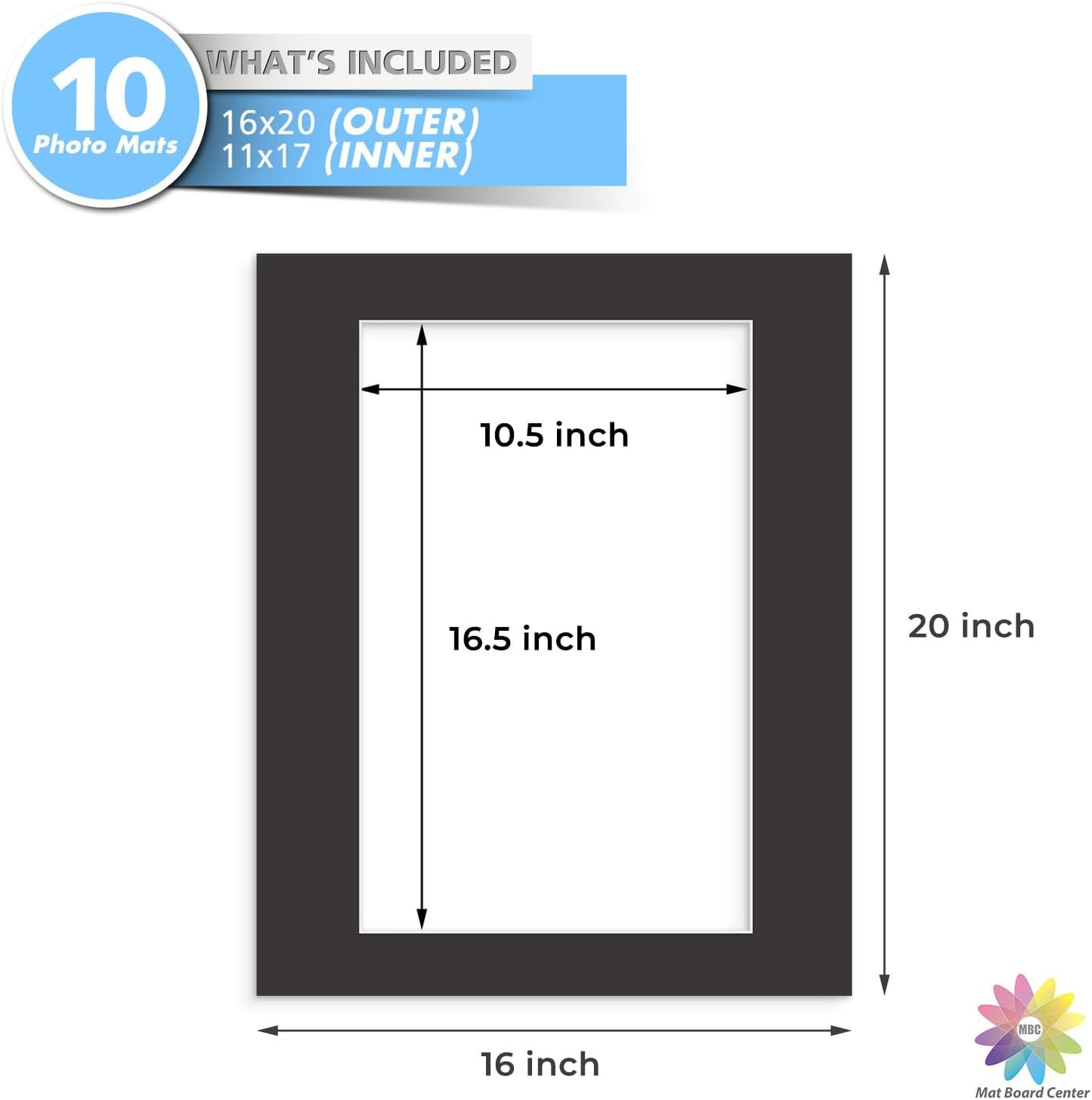 MBC Mat Board Center, 10 Pack 16x20 for 11x17 Black Picture Mats Frame Mattes, Bevel Cut, Acid Free, 4-ply Thickness