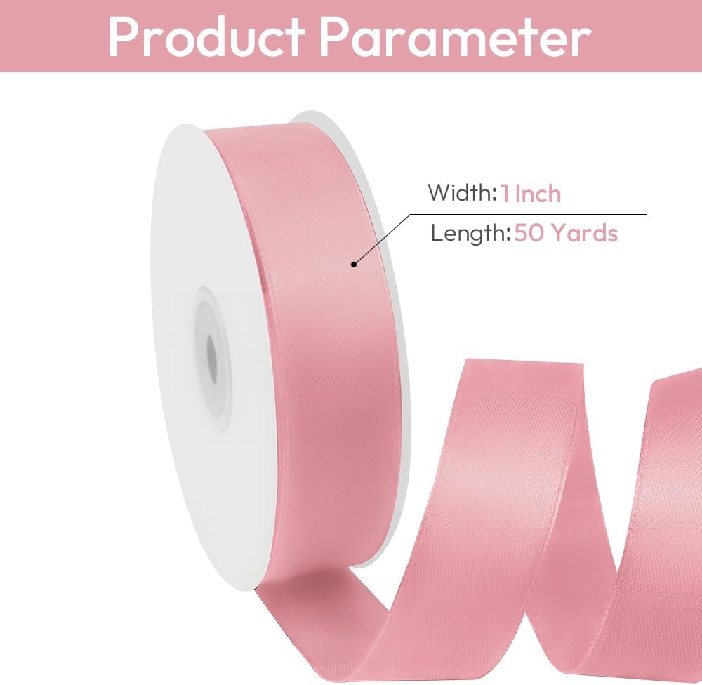 1" Width x 50 Yards Satin Fabric Ribbon, Pink Ribbon Perfect for DIY Bows, Swags, Gift Wrapping, Craft, Flower Bouquet，Christmas and Party Decoration