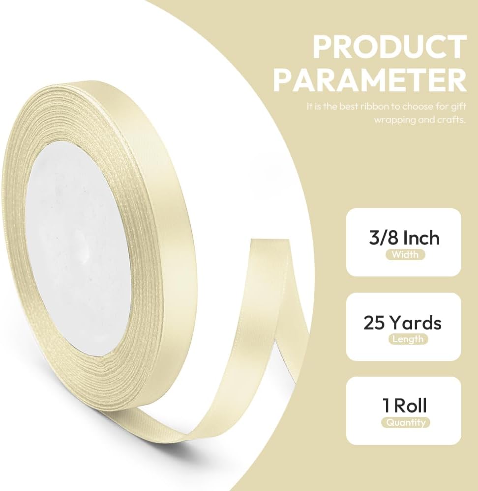 3/8" x 25 Yards Satin Ribbon, Ivory Silk Ribbon Ideal for Gift Wrapping, Floral Bouquets, Crafts, Wedding Party Decorations, Christmas and Sewing Projects