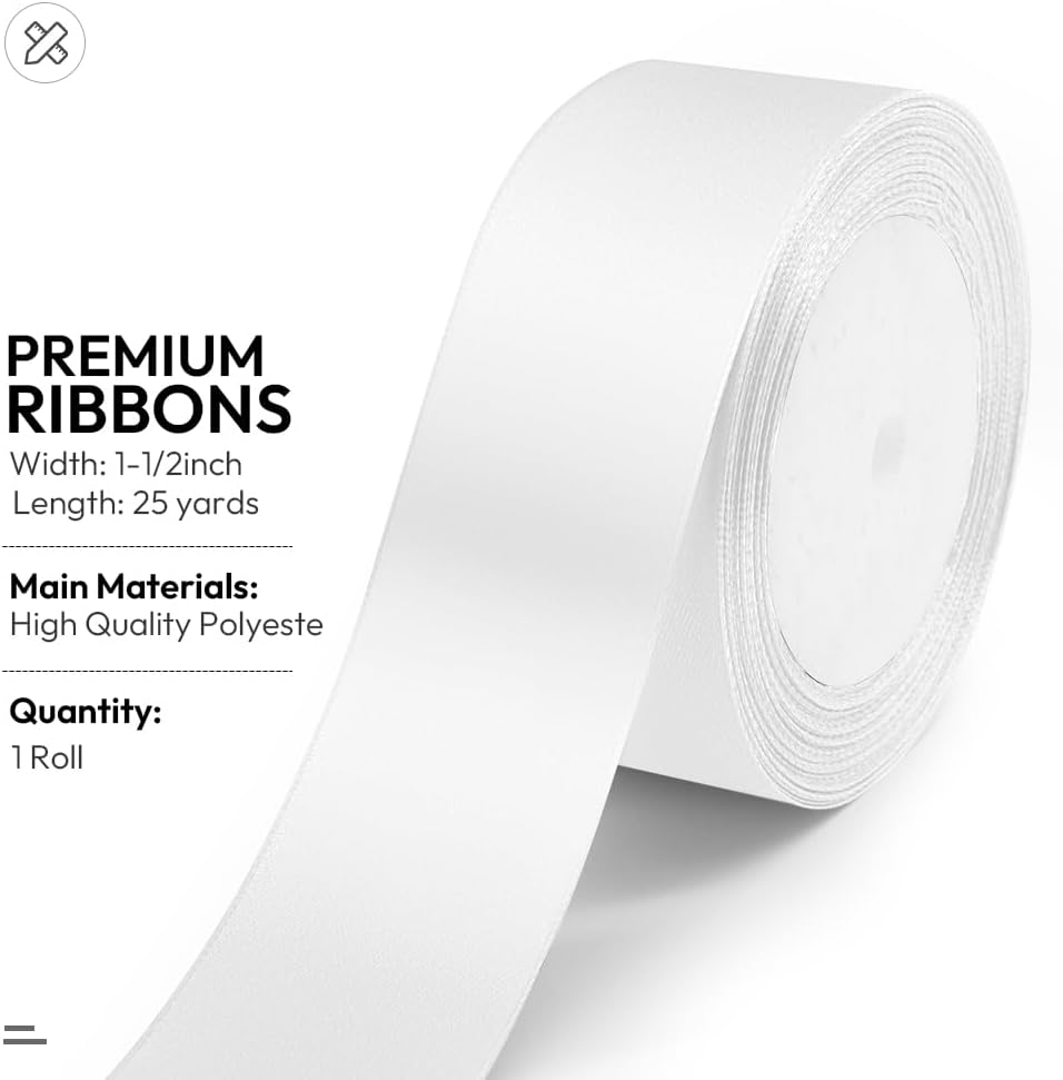 KMER LIFE 1-1/2 Inches x 25 Yards Solid White Satin Ribbon, Perfect for Crafts, Wedding Decor, DIY Hair Accessories, Sewing, Gift Package Wrapping and More