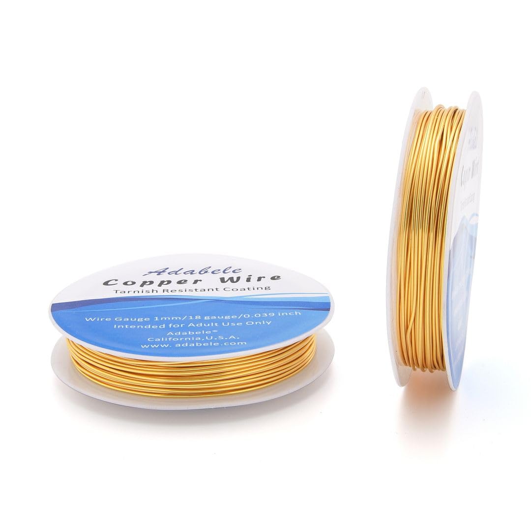 Adabele 65 Feet Premium Tarnish Resistant Round Jewelry Wire Copper Beading Wire Spool Bulk (1mm/18 Gauge) 18K Gold Plated for DIY Craft Jewelry Making BF286-10