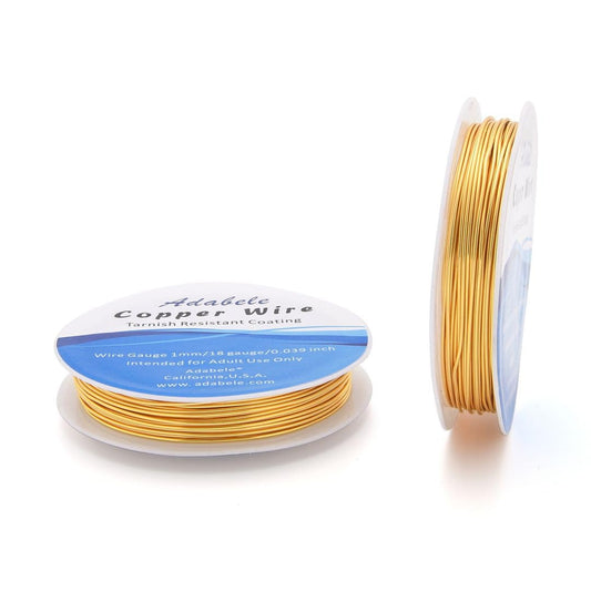 Adabele 65 Feet Premium Tarnish Resistant Round Jewelry Wire Copper Beading Wire Spool Bulk (1mm/18 Gauge) 18K Gold Plated for DIY Craft Jewelry Making BF286-10