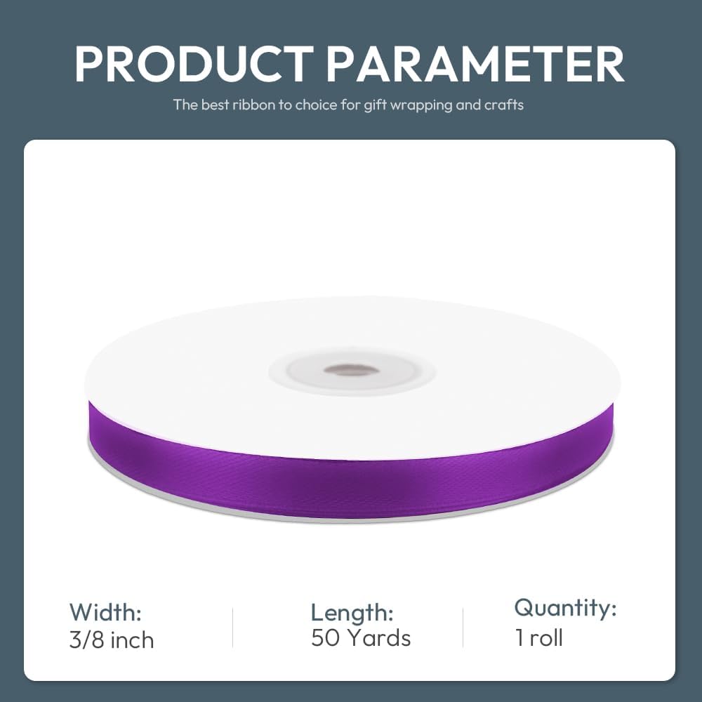 KMER LIFE 3/8" Wide x 50 Yards Purple Single Faced Polyester Satin Ribbon, Purple Satin Ribbon Perfect for Wedding Decor, Wreath, Crafts, Gift Wrapping & Other Projects (Purple)