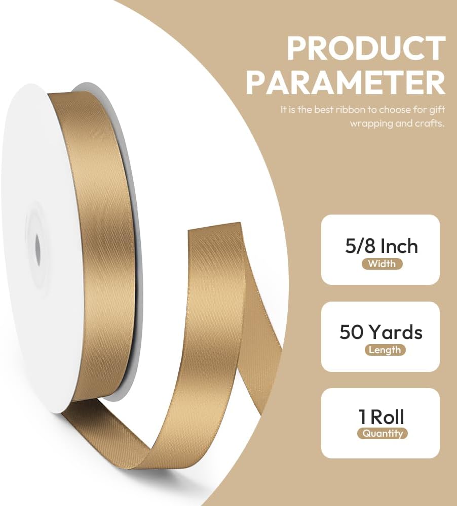 5/8" x 50 Yards Satin Ribbon - Champagne Gold Silk Ribbon with Spool - Ideal for Gift Wrapping, Floral Bouquets, Crafts, Wedding Party Decorations, Christmas and Sewing Projects