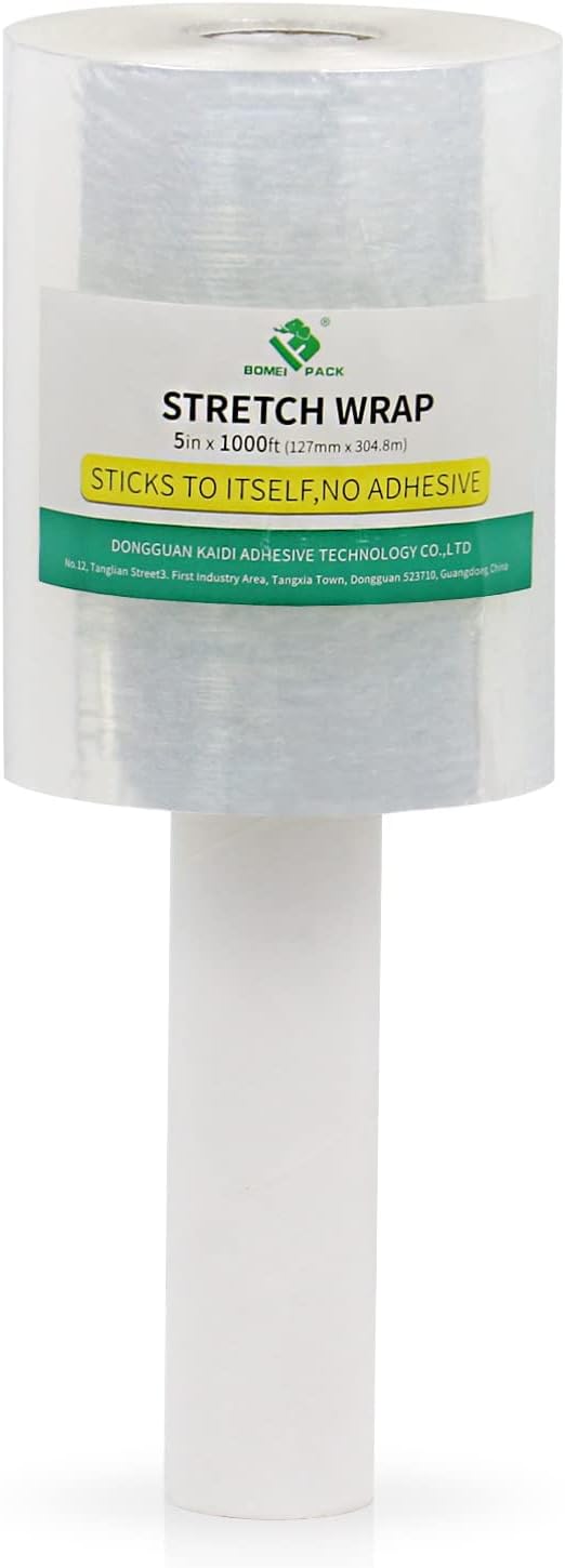 BOMEI PACK Industrial Mini Clear Stretch Wrap with Handle 5" 1000ft 80 Gauge for Pallet Wrap, Durable Self-Adhering Plastic Wrap for Packing, Moving, Heavy Duty (1)