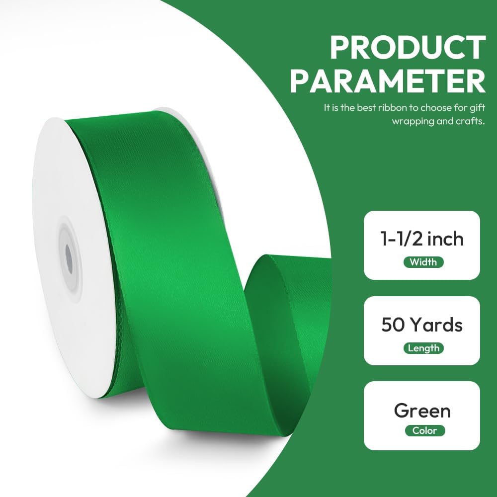 1-1/2" x 50 Yards Satin Ribbon - Green Silk Ribbon with Spool - Ideal for Gift Wrapping, Floral Bouquets, Crafts, Wedding Party Decorations, Christmas and Sewing Projects