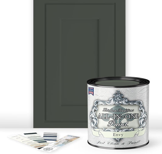 ALL-IN-ONE Paint, Durable cabinet and furniture paint. Built in primer and top coat, no sanding needed. Includes our 30 featured color card - Envy (slate green), Quart