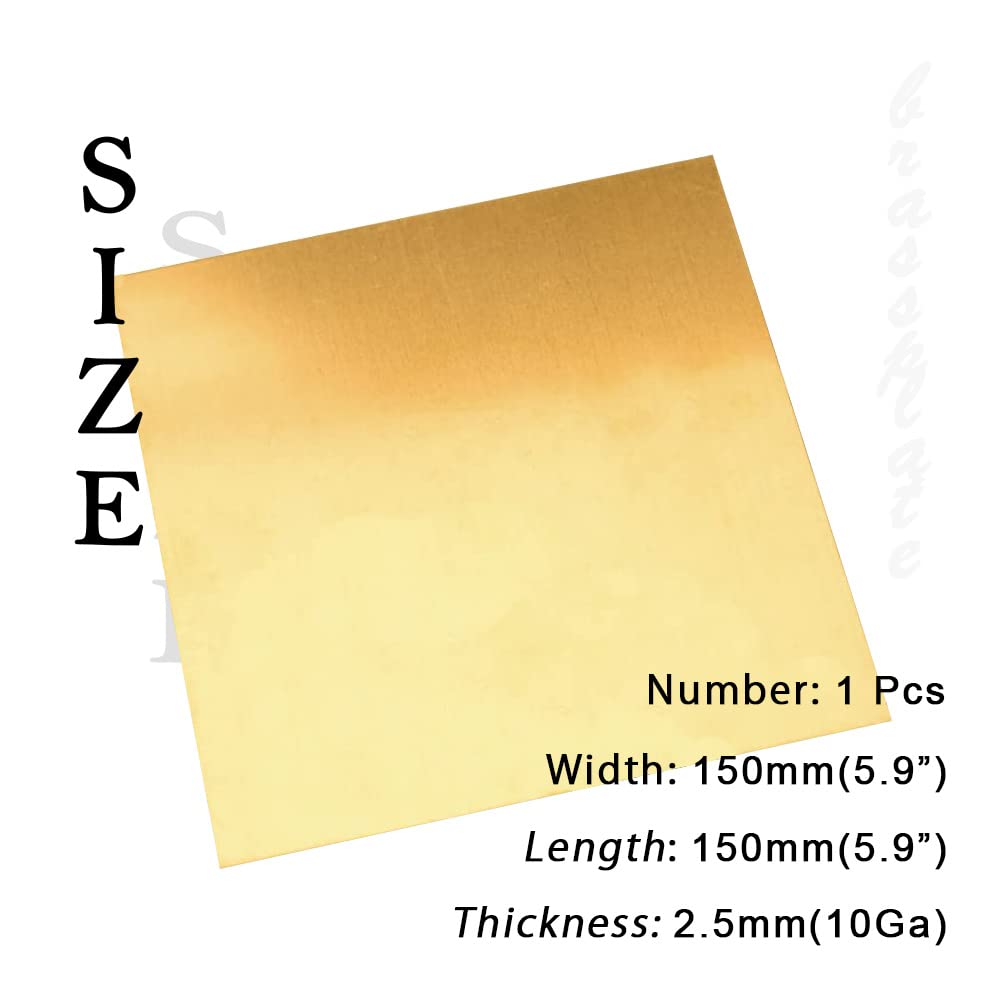 10 Gauge Brass Sheet，H62 Brass Plates Metal 0.098" Thickness x 5.9" Width x 5.9" Lenght, for Models, Crafts, Repairs, Electrical, 1Pcs