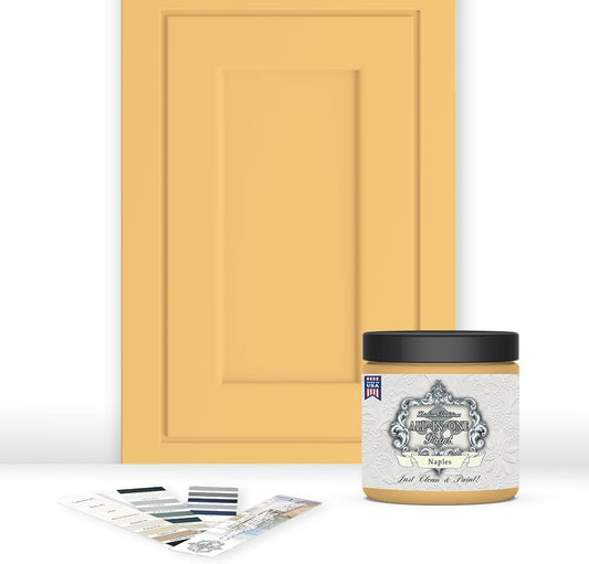 ALL-IN-ONE Paint, Durable cabinet and furniture paint. Built in primer and top coat, no sanding needed. Includes our 30 featured color card - Naples (sunny yellow), 8oz Sample