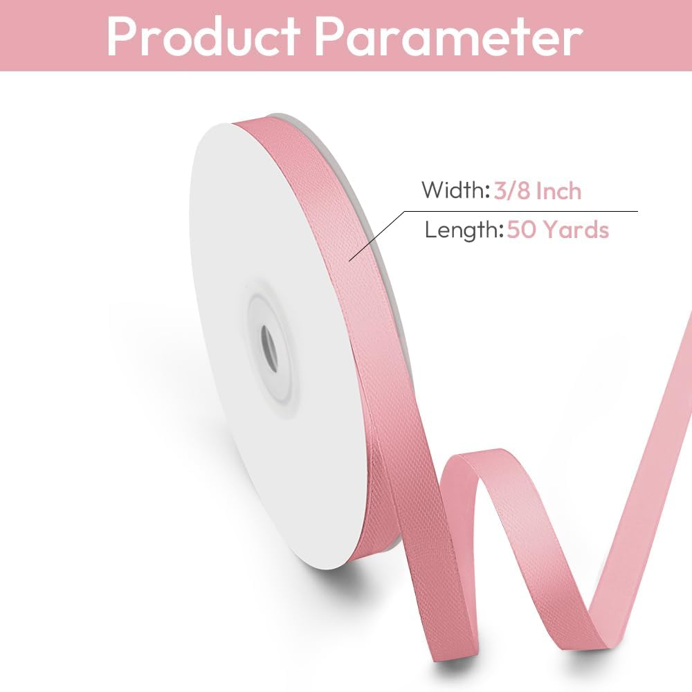3/8" Width x 50 Yards Satin Fabric Ribbon, Pink Ribbon Perfect for DIY Bows, Swags, Gift Wrapping, Craft, Flower Bouquet，Christmas and Party Decoration