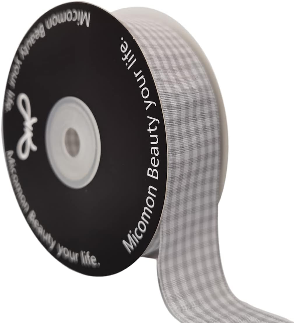 Gingham Ribbon - 25 Yards Each Roll, 100% Polyester (1", Gray Gingham)