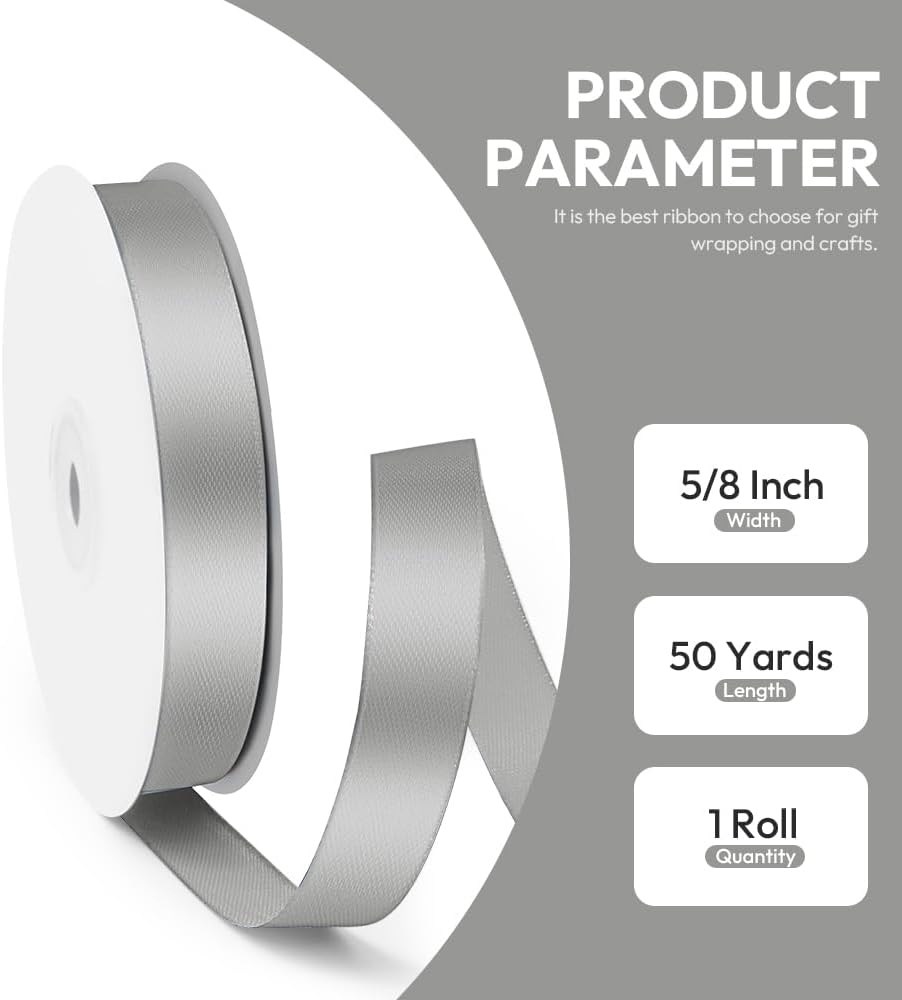 5/8" x 50 Yards Satin Ribbon - Silver Silk Ribbon with Spool - Ideal for Gift Wrapping, Floral Bouquets, Crafts, Wedding Party Decorations, Christmas and Sewing Projects