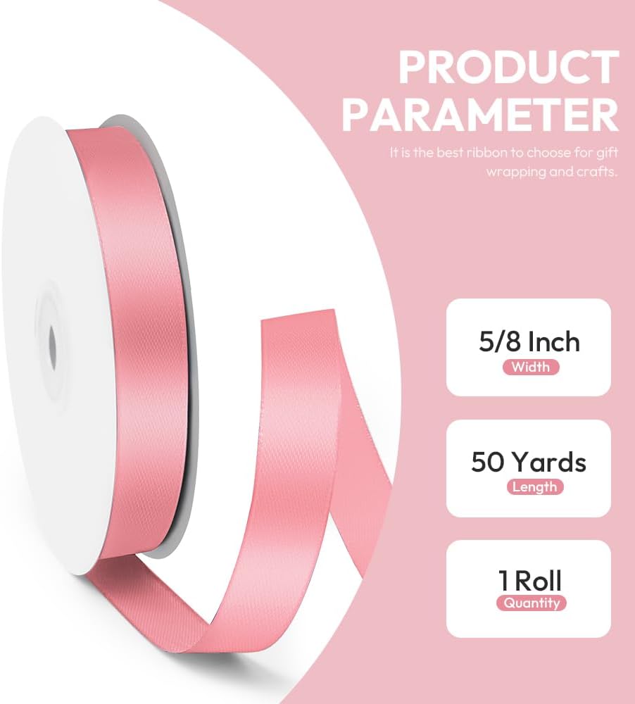 5/8" x 50 Yards Satin Ribbon - Pink Silk Ribbon with Spool - Ideal for Gift Wrapping, Floral Bouquets, Crafts, Wedding Party Decorations, Christmas and Sewing Projects