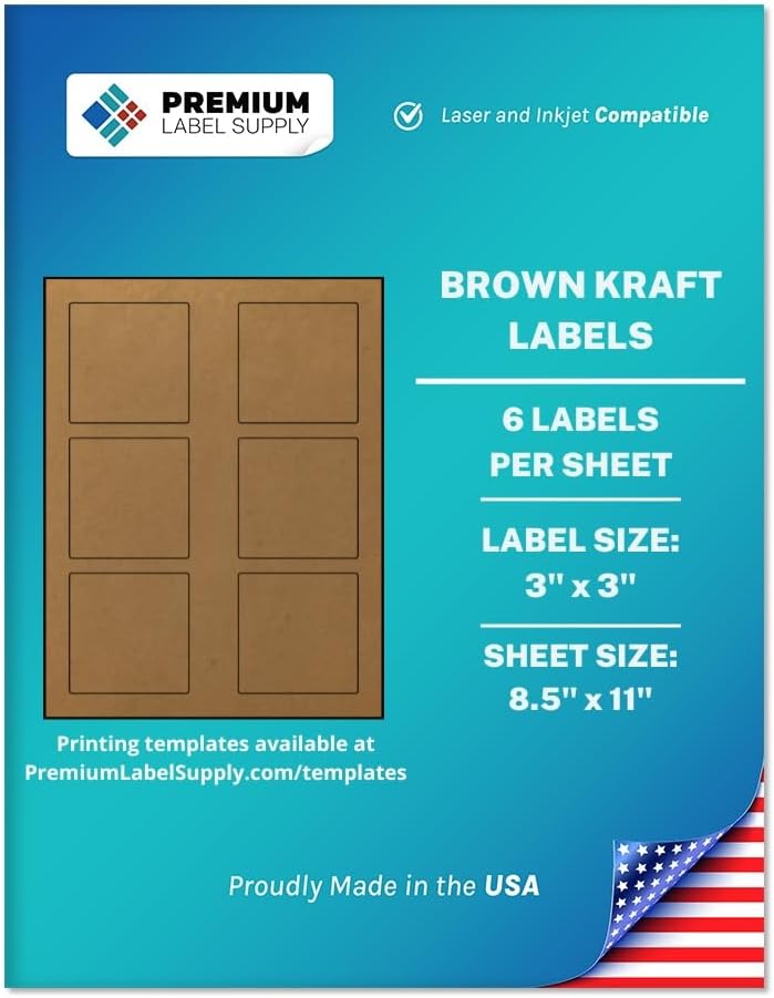 Premium Label Supply Brown Kraft Sticker Square Labels – 3" x 3" – Laser/Inkjet Compatible – (6 per Sheet), 25 Sheets – 150 Total Adhesive Labels