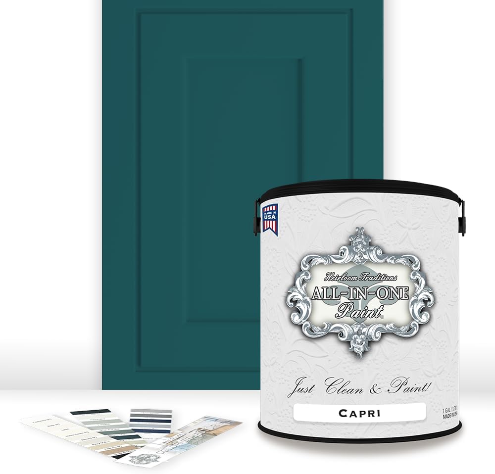 ALL-IN-ONE Paint, Durable cabinet and furniture paint. Built in primer and top coat, no sanding needed. Includes our 30 featured color card - Capri (green teal), Gallon