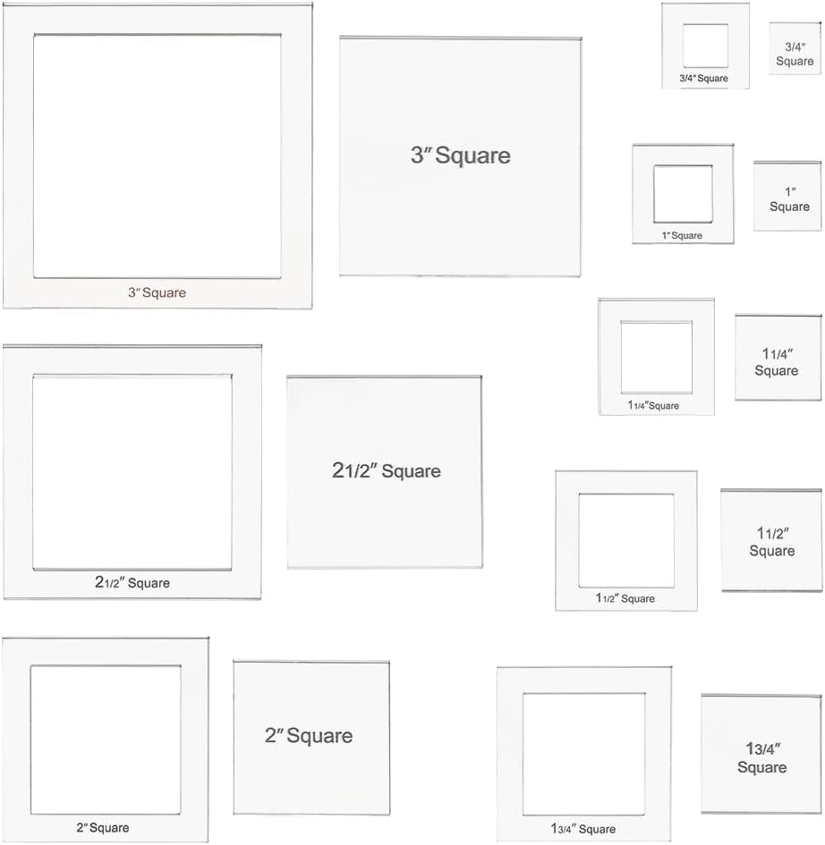 BENECREAT 16 Sizes Square Quilting Template, Acrylic Intricate Sewing Machine Ruler, Transparent Pressure Plate Router Template for DIY Hand Patchwork Cutting Craft, 6mm Thick