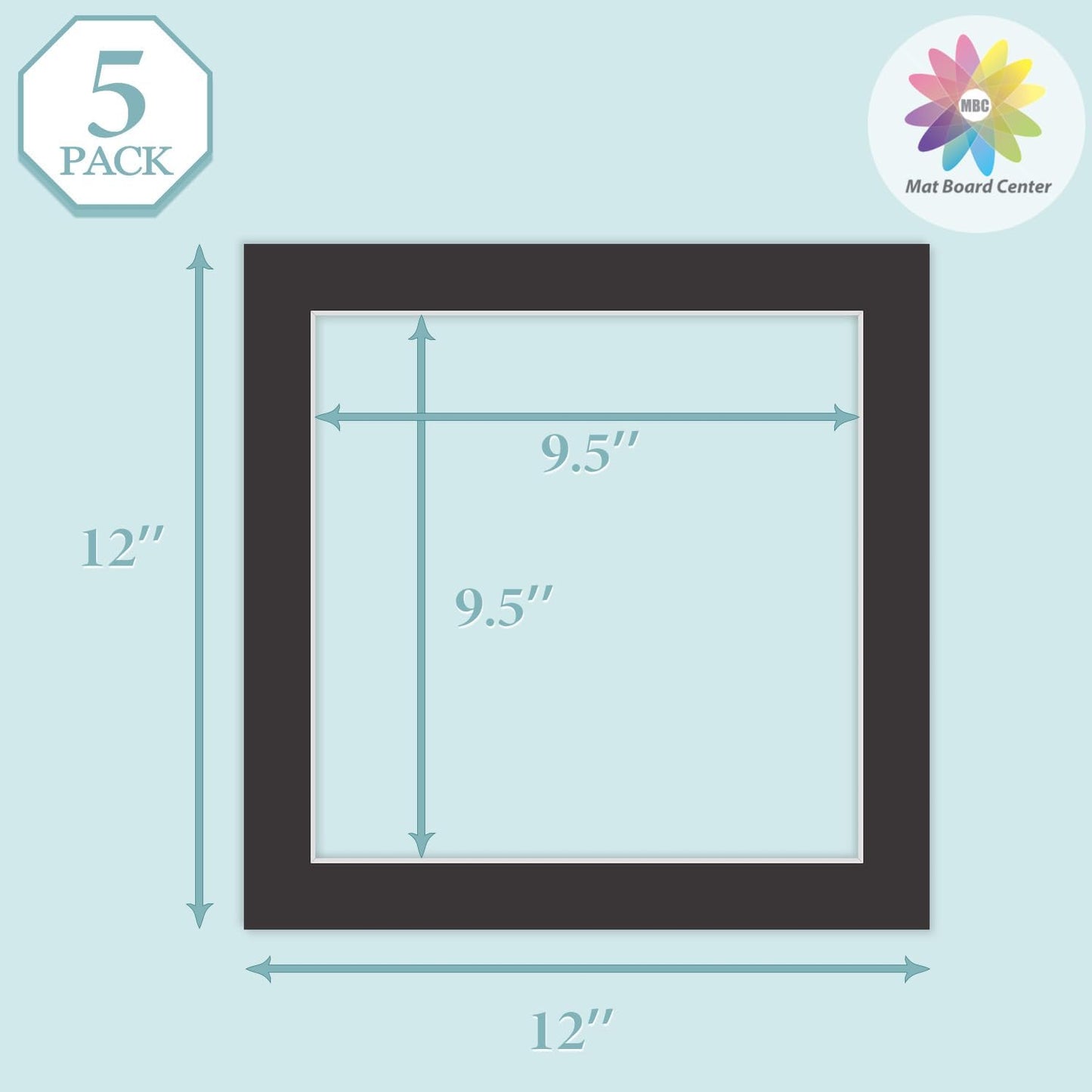 MBC Mat Board Center, 5 Pack 12x12 for 10x10 Black Picture Mats Frame Mattes, Bevel Cut, Acid Free, 4-ply Thickness