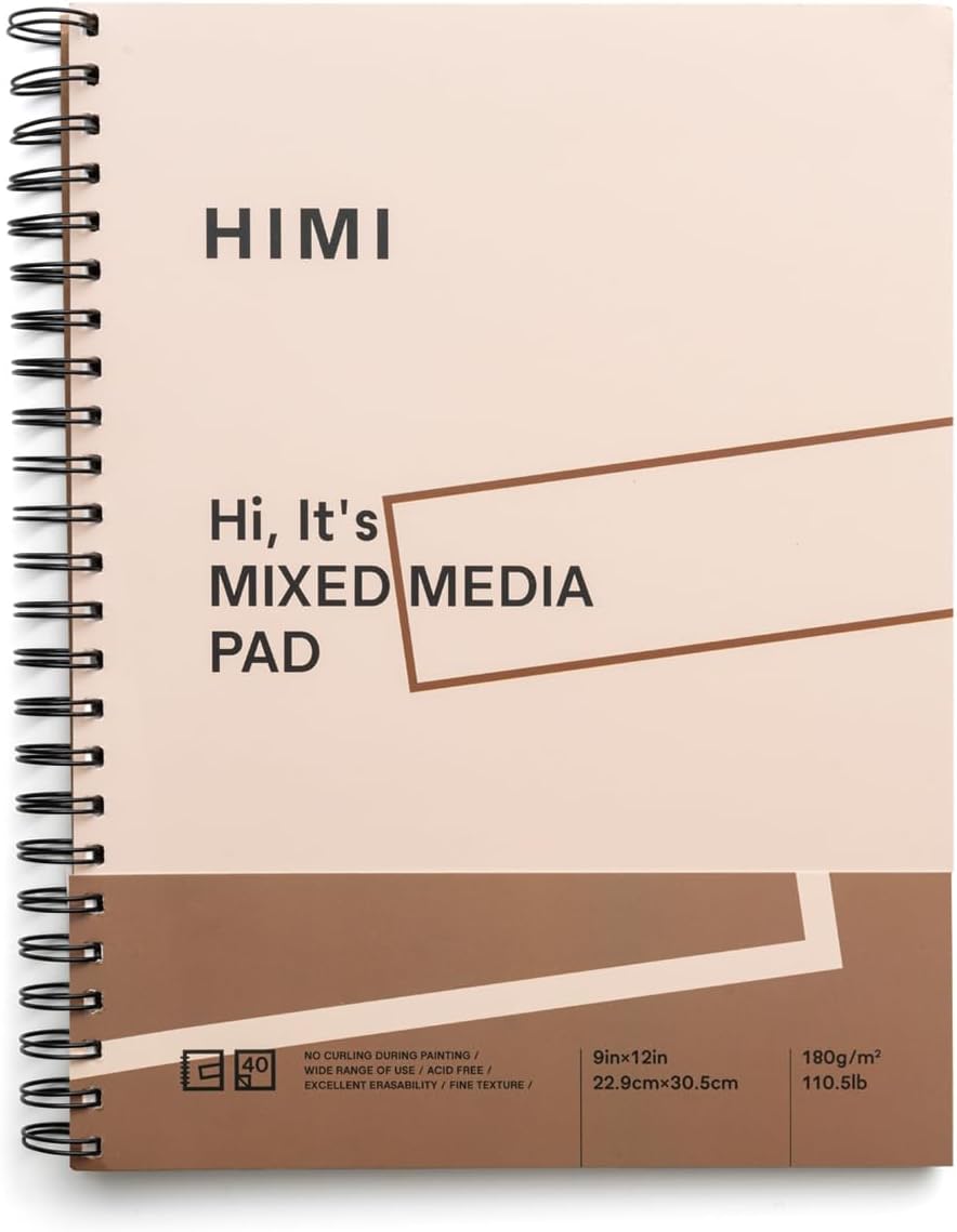 HIMI Mix Media Paper Pad 9X12''(180g/m²) 40 Sheets Mix Paper Pad, Side Wire Bound, Fine Texture, in Gouache Acrylic Art Pad for Sketching, Ink Sketch Book, Art Supplies Drawing Pad Gift (Pink)