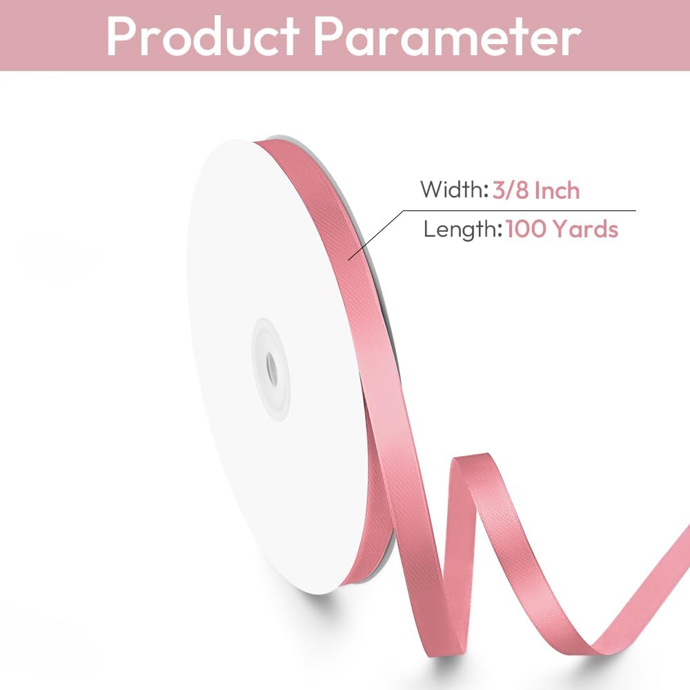 3/8" Width x 100 Yards Satin Ribbon, Small Pink Ribbon Perfect for DIY Craft, Bows, Gift Wrapping, Flower Bouquet, Valentine's Day, Christmas and Party Decoration