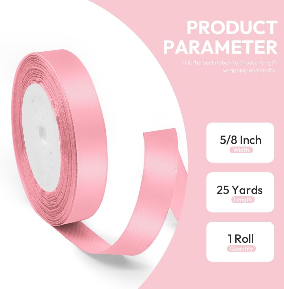 5/8" x 25 Yards Satin Ribbon, Light Pink Silk Ribbon Ideal for Gift Wrapping, Floral Bouquets, Crafts, Wedding Party Decorations, Christmas and Sewing Projects