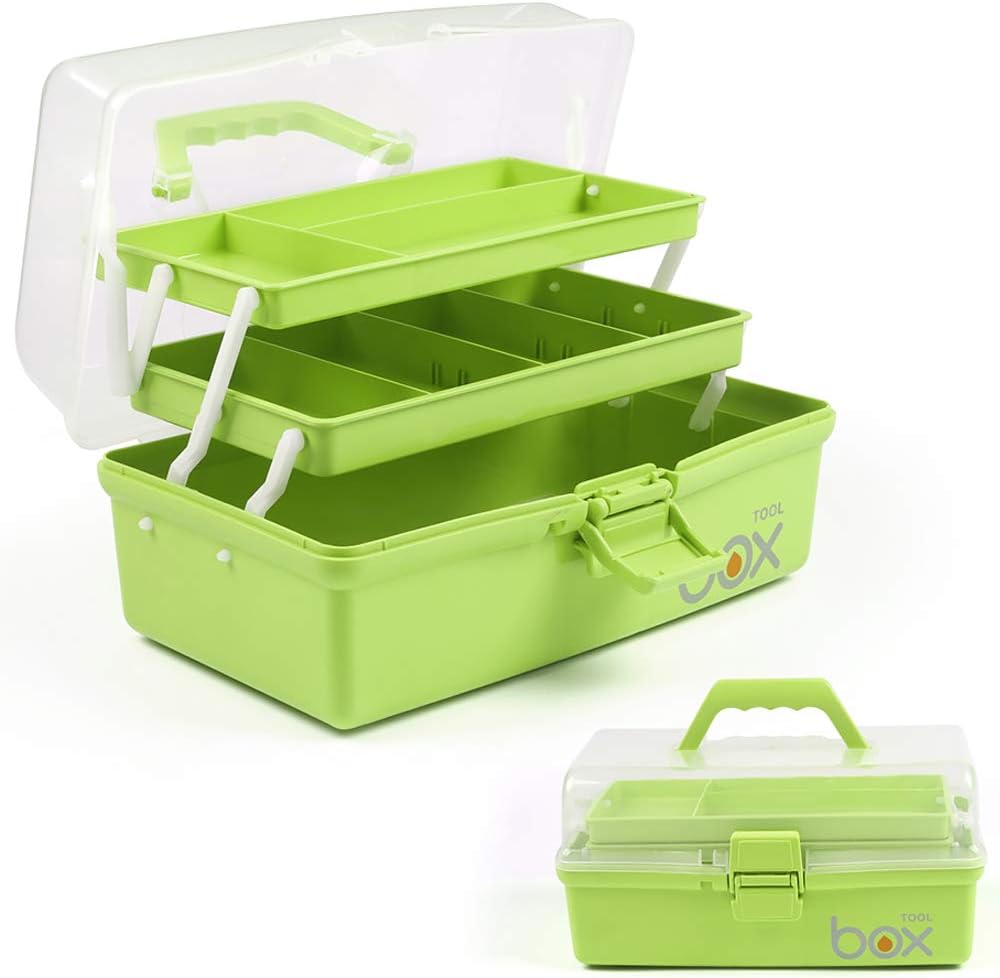 12in Three-Layer Multipurpose Storage Box Folding Tool Box/Art & Crafts Case/Sewing Supplies Organizer/Medicine Box/Family First Aid Box with 2 Trays (Green)