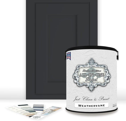 ALL-IN-ONE Paint, Durable cabinet and furniture paint. Built in primer and top coat, no sanding needed. Includes our 30 featured color card - Weathervane (charcoal), Gallon
