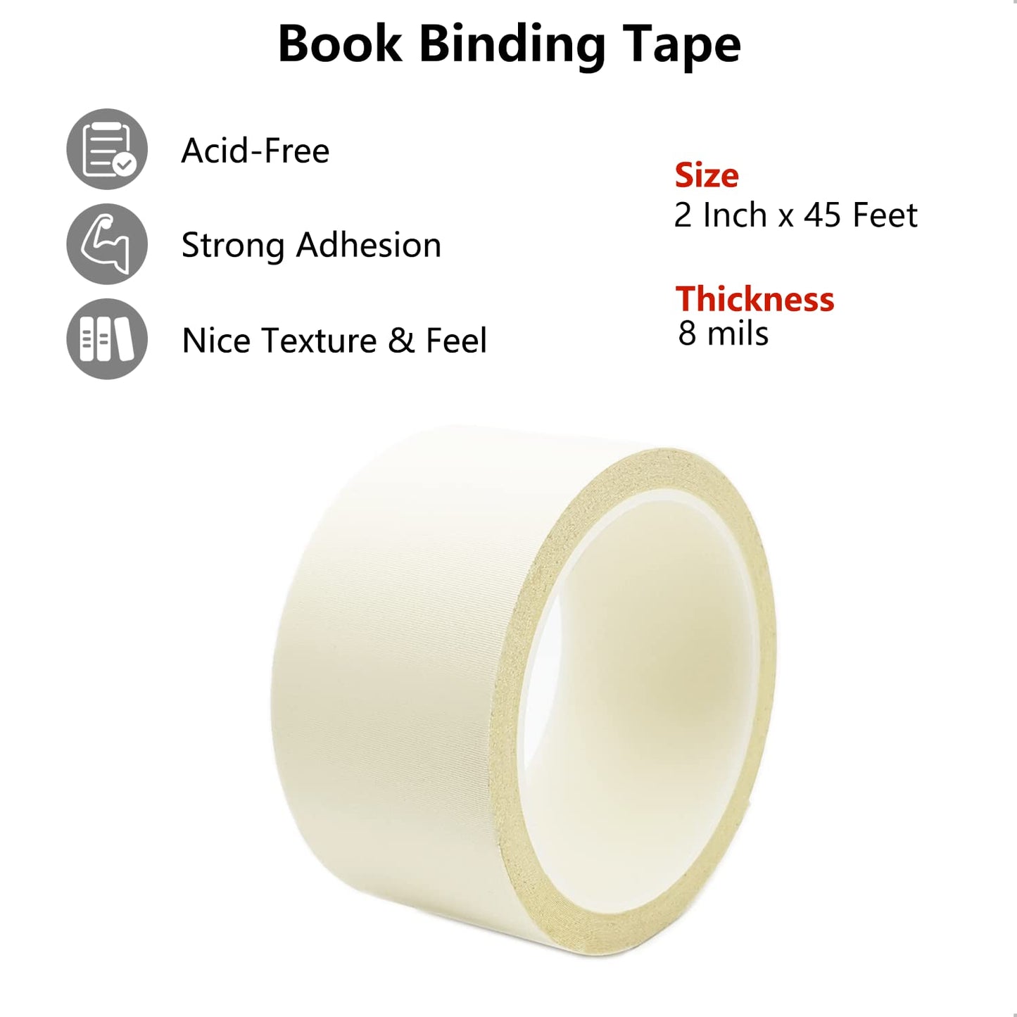 Book Binding Tape, Book Repair Tape 2 Inch Wide, Acid-Free, Easy to Use, Flexible Book Binding Material, Bookbinding Kit, Book Tape for Reinforcing Book Spines and Covers, 2'' x 24', White