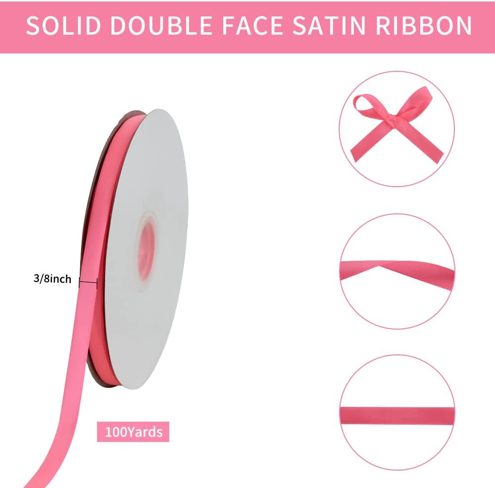 TONIFUL 3/8 in x 100yds Passion Pink Hot Pink Satin Ribbon Thin Solid Fabric Ribbons Roll for Gift Wrapping Invitation Floral Hair Craft Sewing Party Wedding Decoration Valentine's Day Bouquet