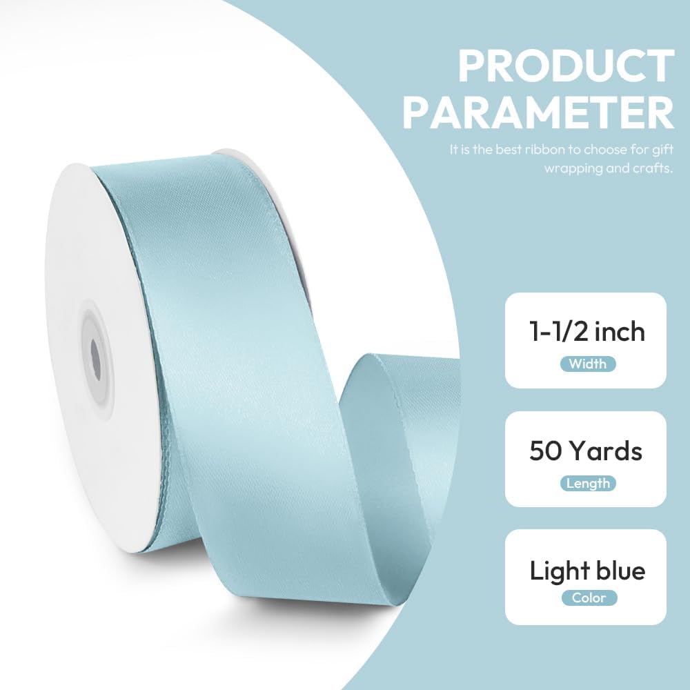 1-1/2" x 50 Yards Satin Ribbon - Light Blue Silk Ribbon with Spool - Ideal for Gift Wrapping, Floral Bouquets, Crafts, Wedding Party Decorations, Christmas and Sewing Projects