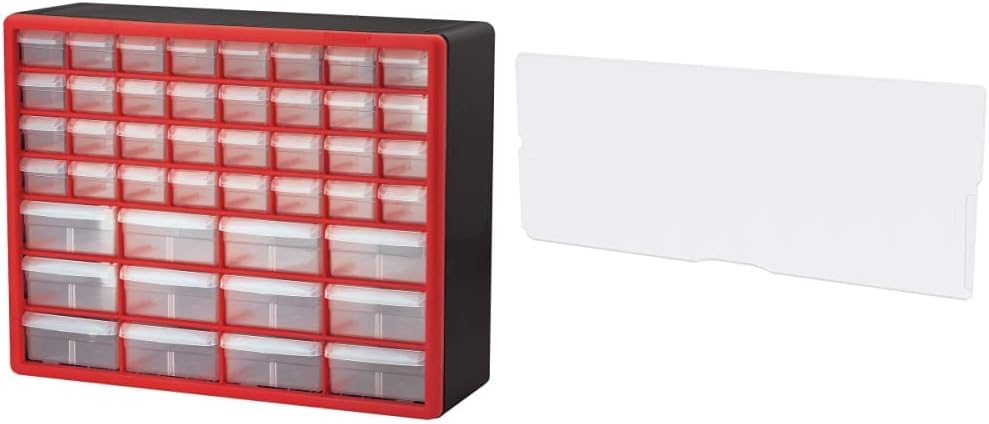 Akro-Mils 44 Drawer 10144REDBLK, Plastic Parts Storage Hardware and Craft Cabinet, Red & Black, (1-Pack) & 40717 Length Dividers for Plastic Storage Hardware, (6-Pack), Clear, Black
