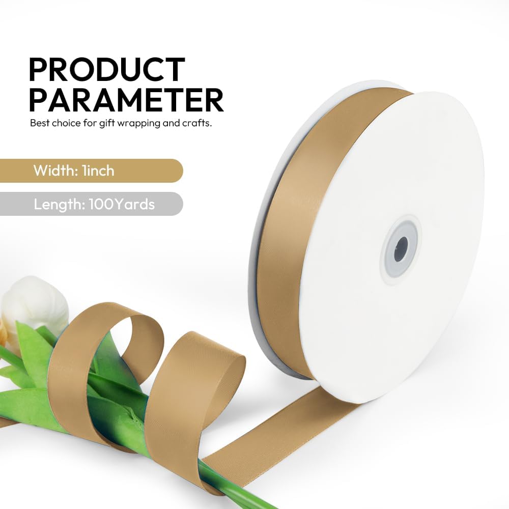 1 Inch 100 Yards Satin Ribbon Champagne Gold, Solid Color Fabric Ribbon for Gift Wrapping, Wedding, Polyester Gift Ribbon for Birthday Party Decoration, Craft, Hair, Floral, Sewing