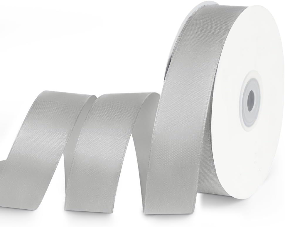 1" x 50 Yards Satin Ribbon - Silver Silk Ribbon with Spool - Ideal for Gift Wrapping, Floral Bouquets, Crafts, Wedding Party Decorations, Christmas and Sewing Projects