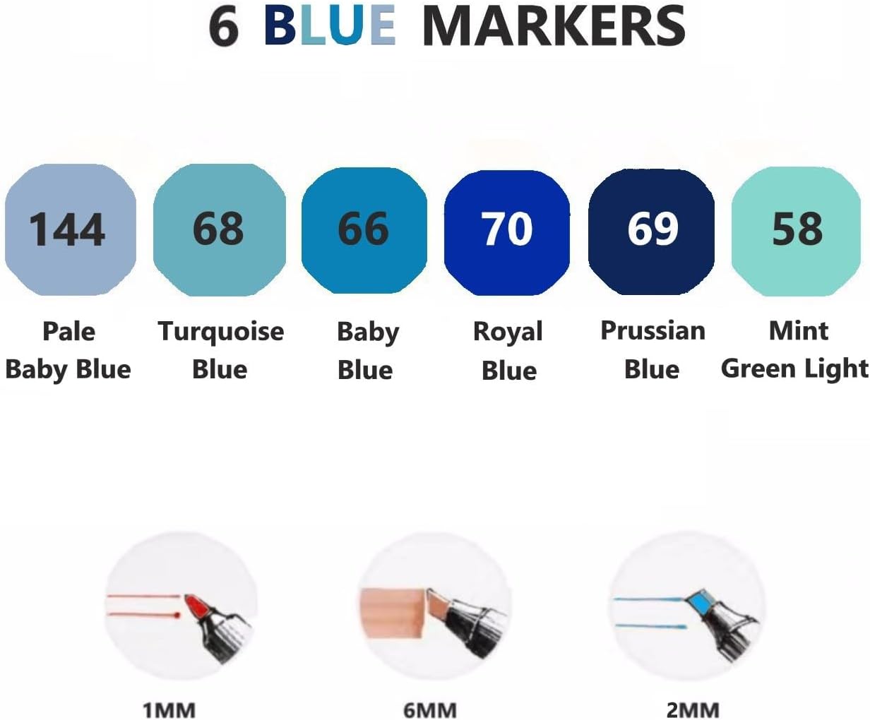 6Pcs Blue Colors Sea Ocean Sky Alcohol Markers Set, Dual Tips Art Markers Clear Blending Pen Drawing Sketched Double Tipped for Adults Kids Artists (Blue)