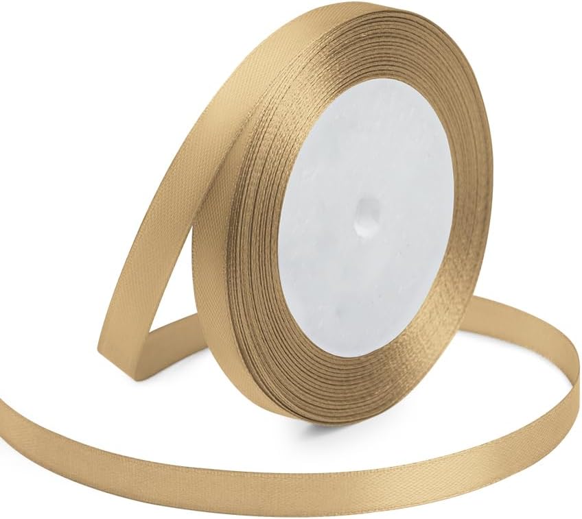 3/8 Inches x 25 Yards Champagne Gold Satin Ribbon Solid Fabric Ribbons for Crafts, Wedding Decor, DIY Hair Accessories, Sewing, Gift Package Wrapping, Valentine's Day Bouquet and More