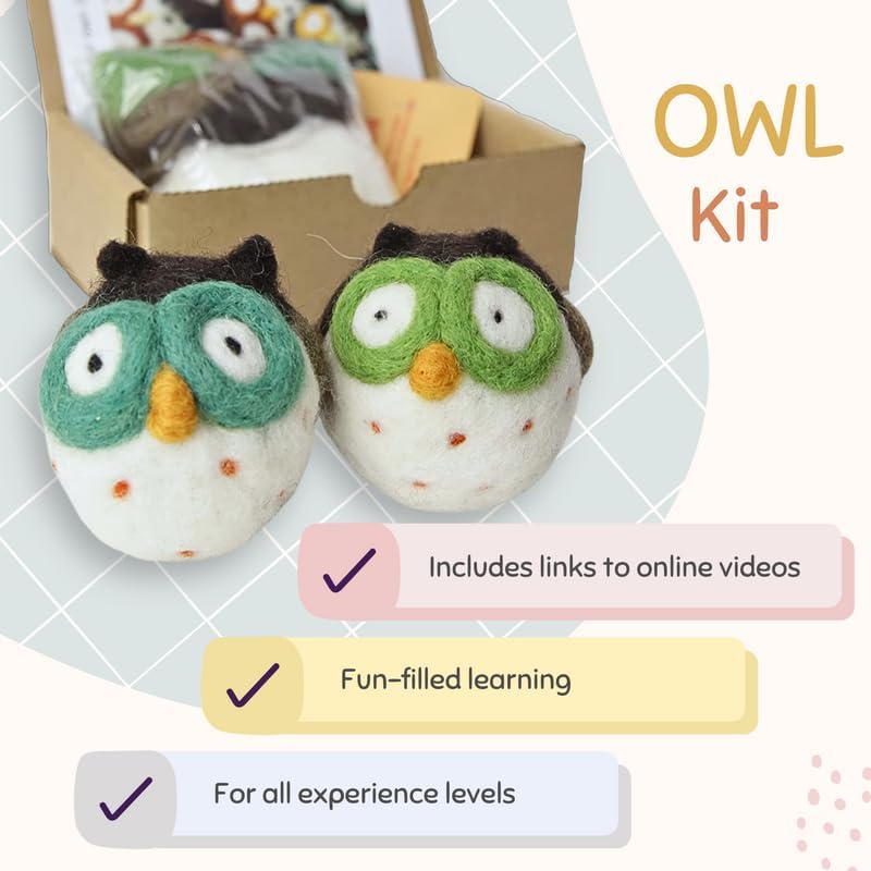 Woolbuddy Owl Needle Felting Kit for Beginners – DIY Animal Craft Kit with Wool, Needles & Photo Instructions – Fun Project for Adults & Kids